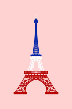 Illustration of Eiffel Tower painted in the colors of the French flag on pink background