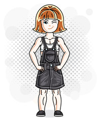 Cute happy red-haired girl in jeans wear posing. Vector character.
