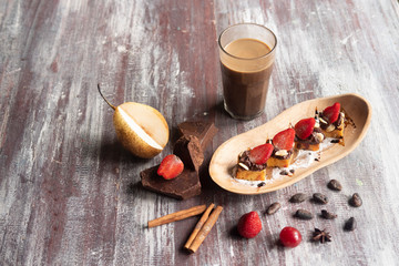 Sweets, desserts with fruit and chocolate