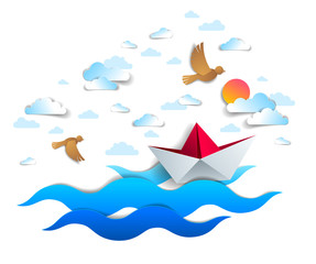 Paper ship swimming in sea waves, origami folded toy boat floating in the ocean with beautiful scenic seascape with birds and clouds in the sky, vector illustration.