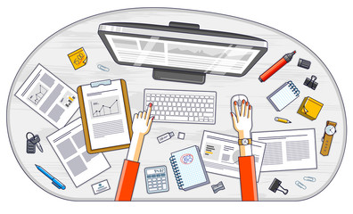 Business analysis, office worker or entrepreneur business woman working on a PC computer and papers with financial analytics, top view of work desk with stationery and documents and hands. Vector.