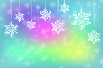 New Year's background. Ice snowflakes hang on threads.