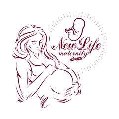 Pregnant female body shape hand drawn vector illustration, beautiful lady gently touching her belly. Maternity ward marketing poster