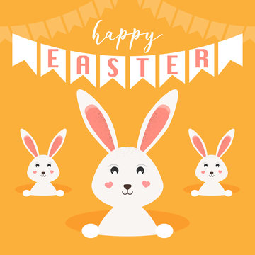 Happy Easter greeting card. Easter bunnies/rabbits. Vector Illustration.