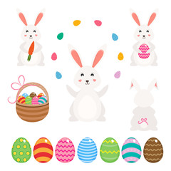 Easter bunny with Easter eggs, different bunnies and eggs. Vector Illustration.