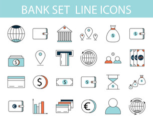 Lined set of bank icons. Vector Illustration.