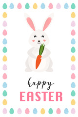 Happy Easter card,  cute bunny. Easter rabbit eats a carrot. Vector Illustration.