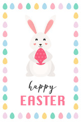 Fototapeta premium Happy Easter card, bunny with Easter egg. Vector Illustration.