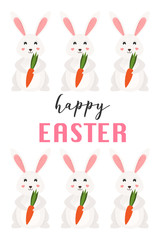 Happy Easter card,  cute bunny. Easter rabbit eats a carrot. Vector Illustration.