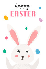 Happy Easter card,  bunny with different Easter eggs. Vector Illustration.