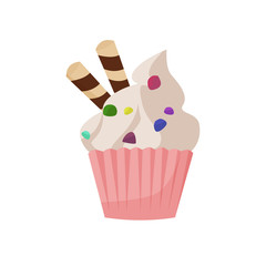 Pink cupcake illustration. Cream, cake, topping. Food concept. Vector illustration can be used for topics like confectionery, sweet shop, bakery