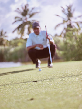 Man with golf club looking at ball running&nbsp;to hole&nbsp;on lawn