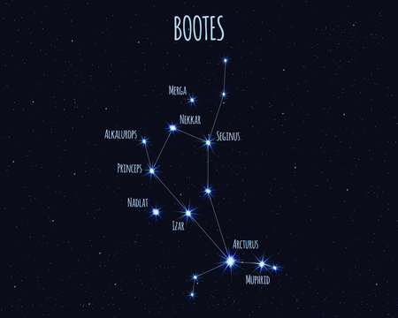 Bootes (The Herdsman) constellation, vector illustration with the names of basic stars against the starry sky