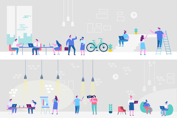 Cartoon Coworking people horizontal banner.  Concept design for web, infographics.  Flat style vector illustration. 