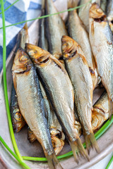 Herring Baltic hot smoked on a metal tray.