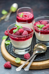 Panna cotta with berry sauce, raspberries and fresh mint.