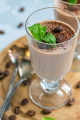 Coffee Panna cotta with a sprig of mint in the glass.
