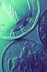 Bulgarian money, metal coins background. 1 leva, BGN currency, macro view. Finance, banking and business in Bulgaria concept.