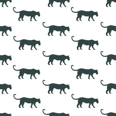 Vector seamless pattern with black silhouettes of tigers on white background. Endless repeat texture with predator for wrapping. Wildcat monochrome