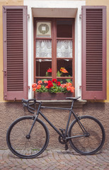 Bike placed under a window full of flowers