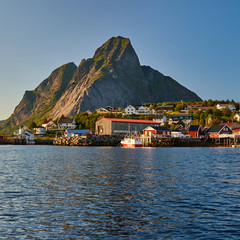 Norway. Fishing villages and boat.  Lofoten Islands. Norwegian nature. Scandinavian travel