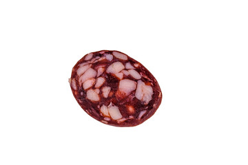 Sliced piece of smoked salami sausage isolated on a white background