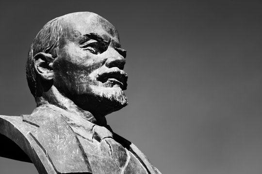 Old monument of  V.I. Lenin, leader of political upheaval in Russia in 1917, black and white