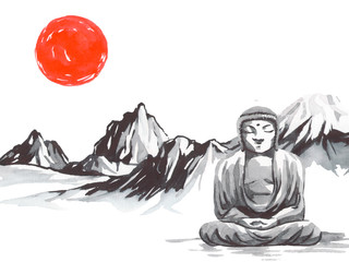 Japan traditional sumi-e painting. Fuji mountain, sakura, sunset. Japan sun. Indian ink illustration. Japanese picture.