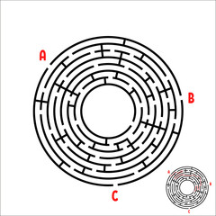 Black round maze. Game for kids. Children's puzzle. Many entrances, one exit. Labyrinth conundrum. Simple flat vector illustration isolated on white background. With place for your image.