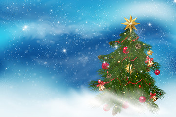 Winter landscape background with falling snow, spruce forest silhouette