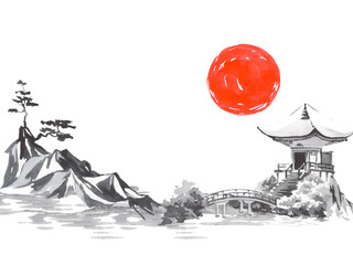 Japan traditional sumi-e painting. Fuji mountain, sakura, sunset. Japan sun. Indian ink illustration. Japanese picture.