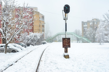 Fototapeta premium Novi Sad, Serbia - December 18, 2018: Railway line in Detelinara settlement in Novi Sad