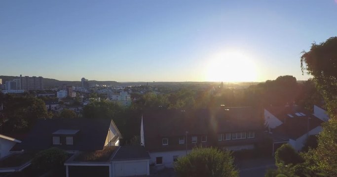 Flight over german small town starting from the living room