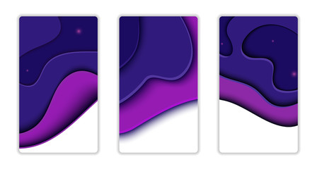 Set of three purple banner templates made in 3D paper cut and craft style. Carving art with luminous stars glowing at night. Onboarding screen design. Vector illustration.