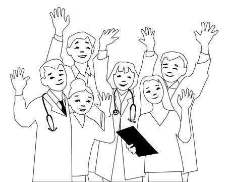 Vector illustration of doctors team waving to camera.