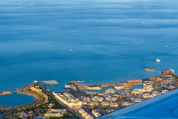 Aerial view on hotels near Hurghada city from the airplane