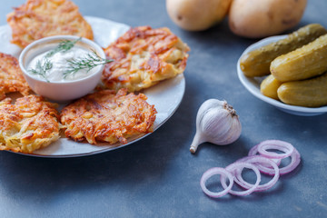 Draniki - potato fritters. potato pancakes lie on a plate. The national dish of Belarus, Ukraine, Russia.