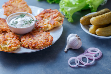 Draniki - potato fritters. potato pancakes lie on a plate. The national dish of Belarus, Ukraine, Russia.