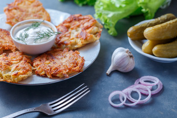 Draniki - potato fritters. potato pancakes lie on a plate. The national dish of Belarus, Ukraine, Russia.