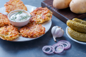Draniki - potato fritters. potato pancakes lie on a plate. The national dish of Belarus, Ukraine, Russia.