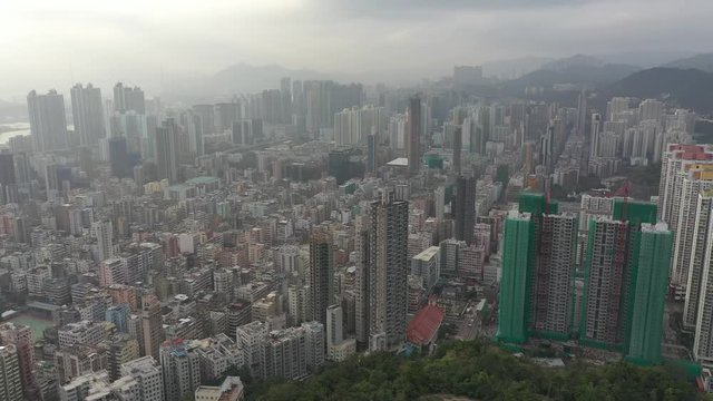 Aerial view of crowded Hong Kong housing and building in Kowloon District