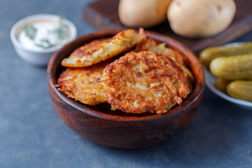 Draniki - potato fritters. potato pancakes lie on a plate. The national dish of Belarus, Ukraine, Russia.