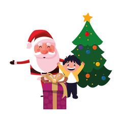 christmas santa with boy and gift tree