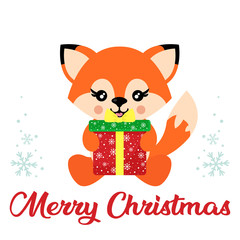 cartoon cute  fox vector sitting and christmas present and christmas text