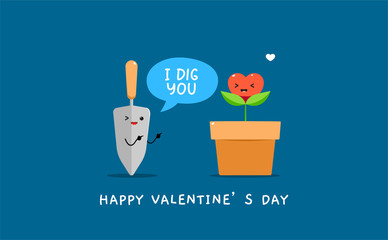 A garden shovel with heart shaped plant on vase. Valentine's vector illustration