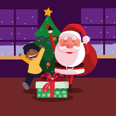 christmas santa claus with boy and gift box
