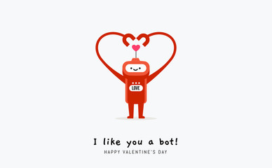 Red Robot with hands form a heart shape. Valentine's vector illustration