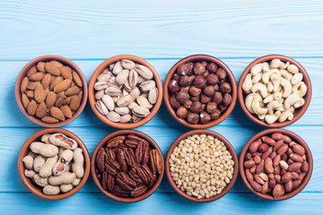 Mix of nuts : Pistachios, almonds , walnuts , pine nut , hazelnuts and cashew . Snack in bowl backgrond