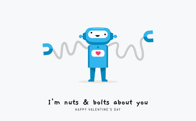 Blue Robot is waving hand. Valentine's vector illustration