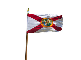 Florida flag USA flag Isolated Silk waving flag made transparent fabric of Florida US state with wooden flagpole gold spear on white background isolate real foto 3d illustration